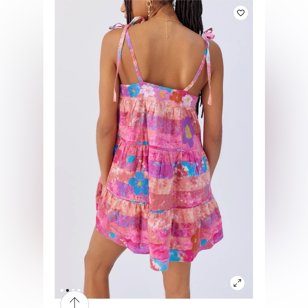 Kimchi Blue 100% Cotton Floral Boho Tiered Babydoll Mini Dress | Pink & Purple - Picture 3 of 9